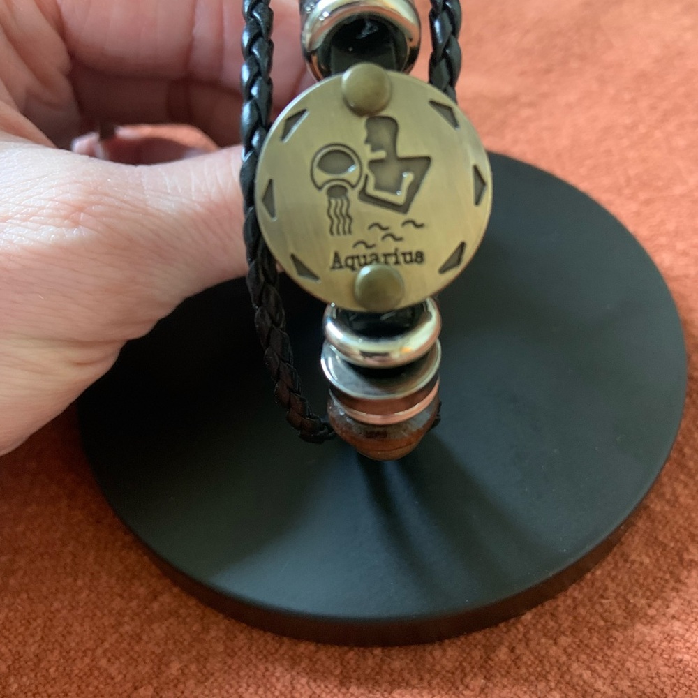 Aquarius Zodiac Bracelet with Black Braided Band